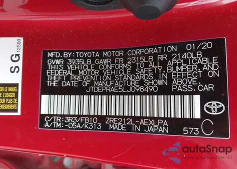 2020 Toyota Corolla Le z USA, uszkodzony, nr VIN JTDEPRAE5LJ098490